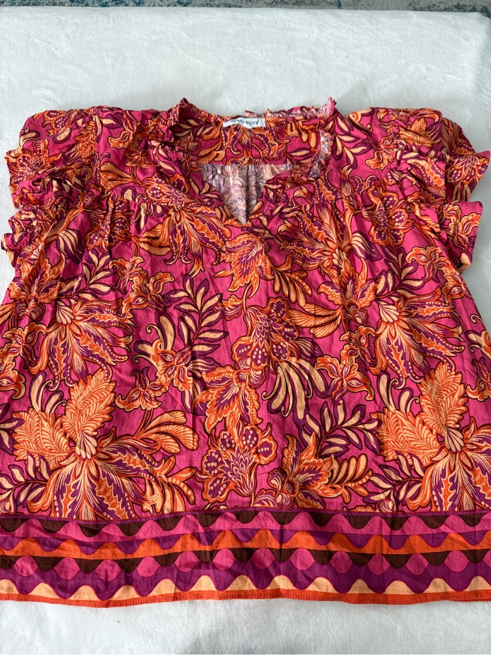 Rose & Olive Pink and Orange Floral Ruffle-Sleeve Blouse XL d99